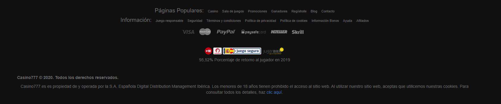 Métodos de pago del Casino 777