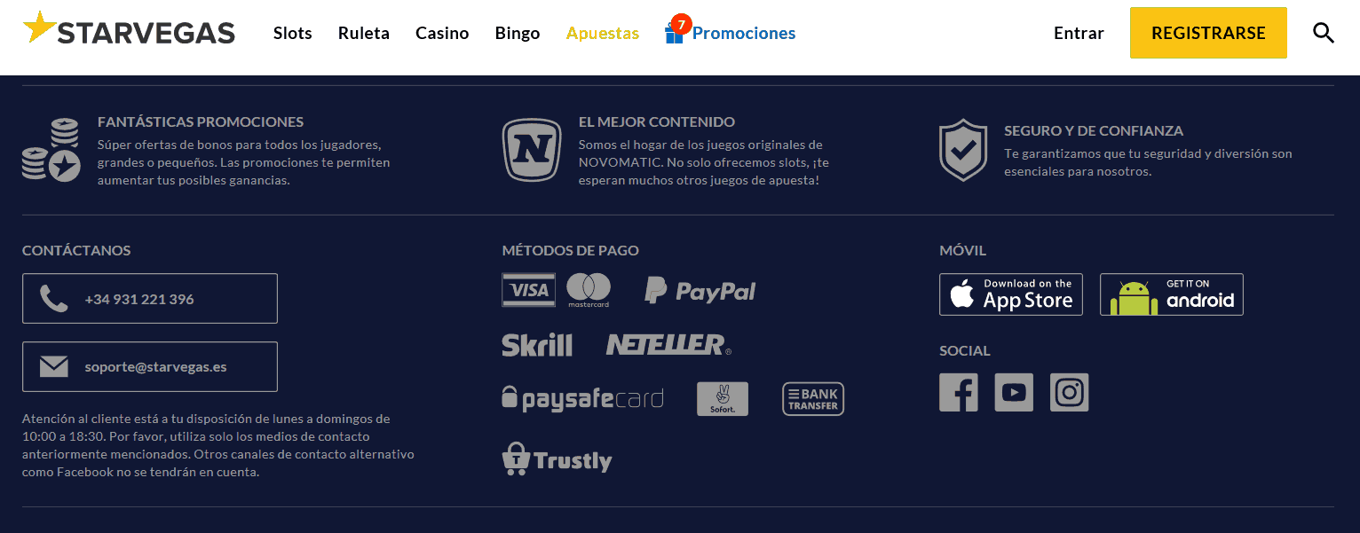 Métodos de pago del Starvegas Casino