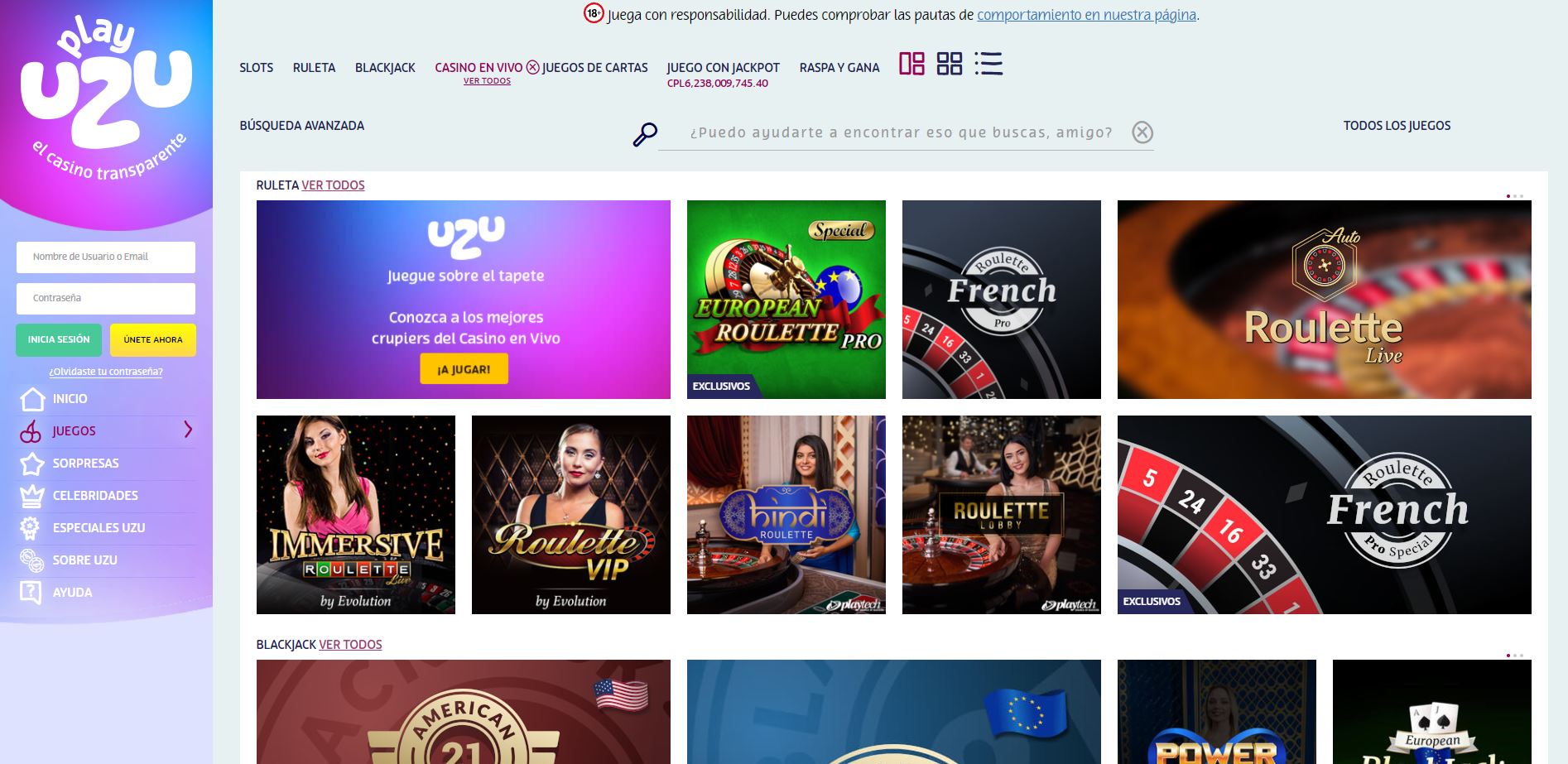 Disfruta del casino en vivo y juega a tu juego favorito en PlayUzu Chile