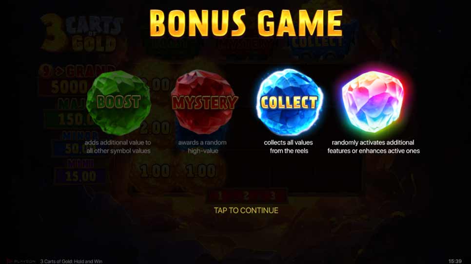 Inicio de juego de bono 3 Carts of Gold: Hold and Win, iniciado con la gema azul + el extra de la gema arco iris.
